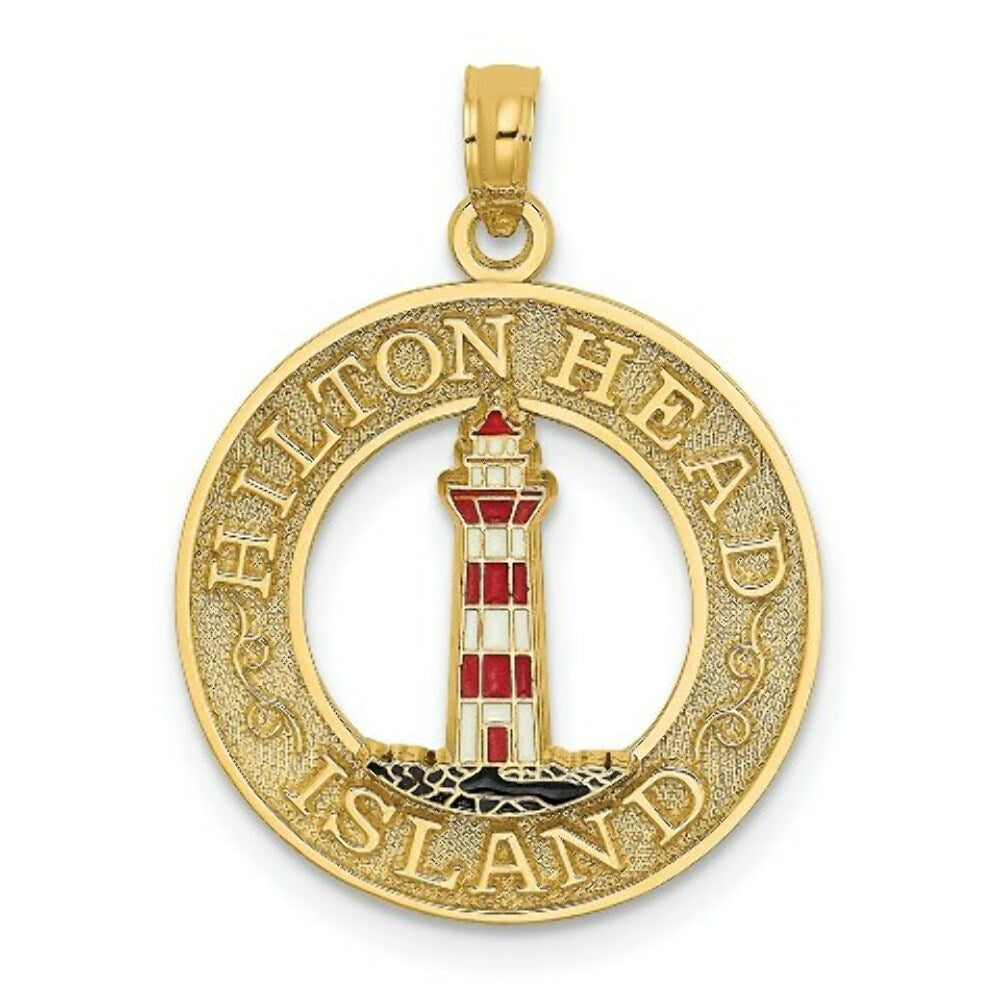 14K Yellow Gold HILTON Head On Round Frame With Enamel Lighthouse Charm Pendant