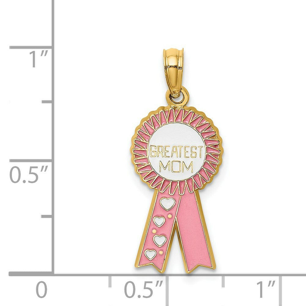 14K Yellow Gold Enamel GREATEST MOM Pink RIBBON Charm Pendant