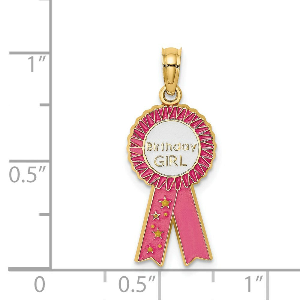 14K Yellow Gold Enamel BIRTHDAY GIRL Pink RIBBON Charm Pendant