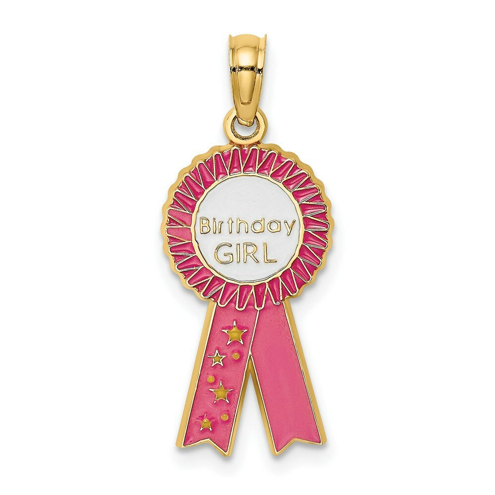 14K Yellow Gold Enamel BIRTHDAY GIRL Pink RIBBON Charm Pendant