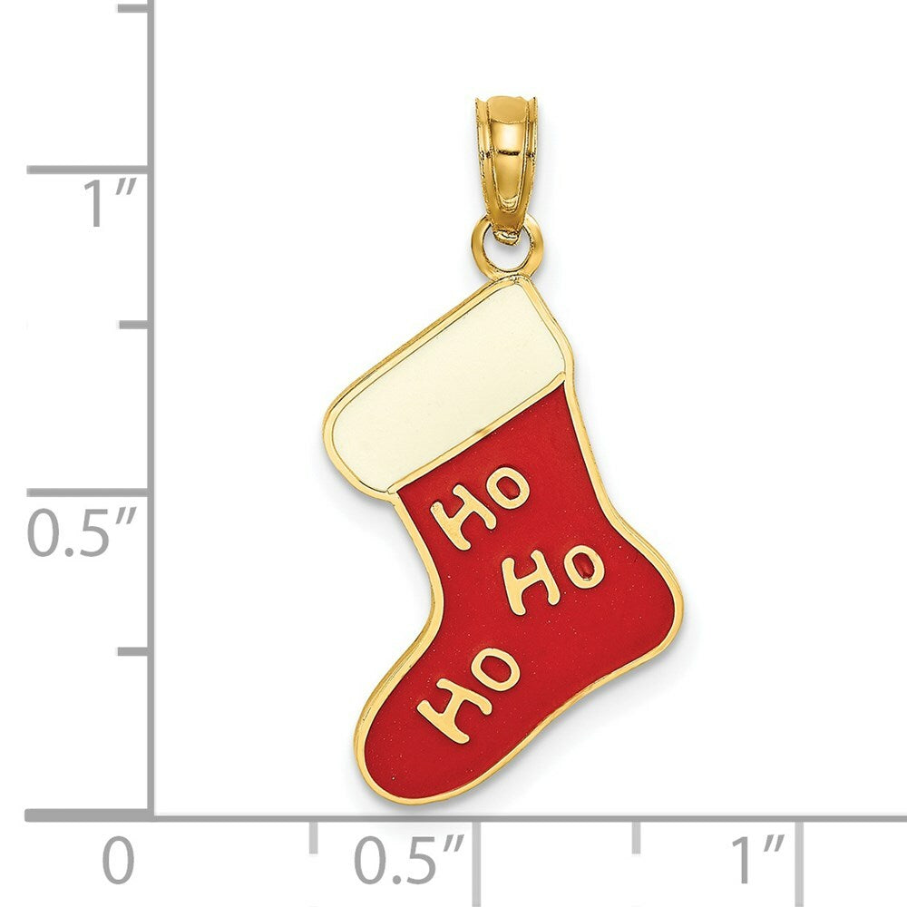 14K Yellow Gold 2-D & Enamel HO HO HO Christmas Stocking Charm Pendant