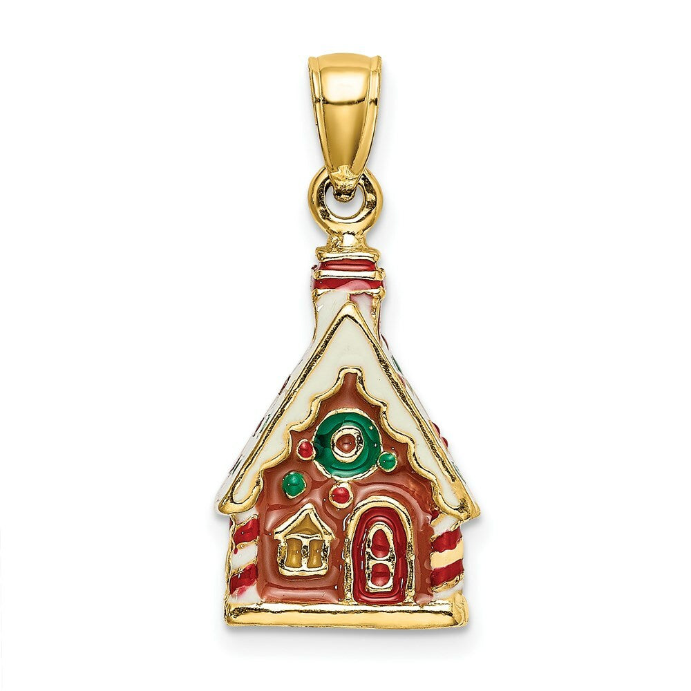 14K Yellow Gold 3-D Enamel Gingerbread HOUSE Charm Pendant