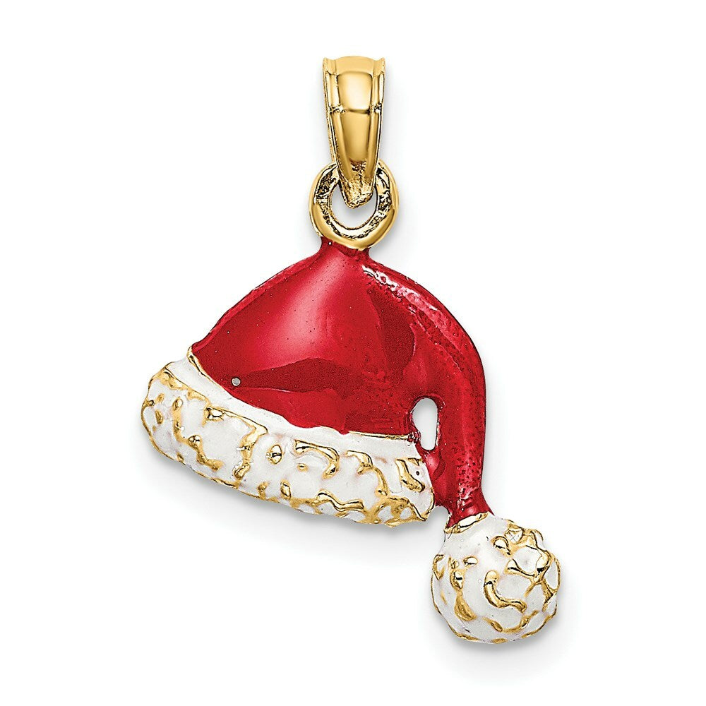 14K Yellow Gold 3-D With Red & White Enamel SANTA HAT Charm Pendant