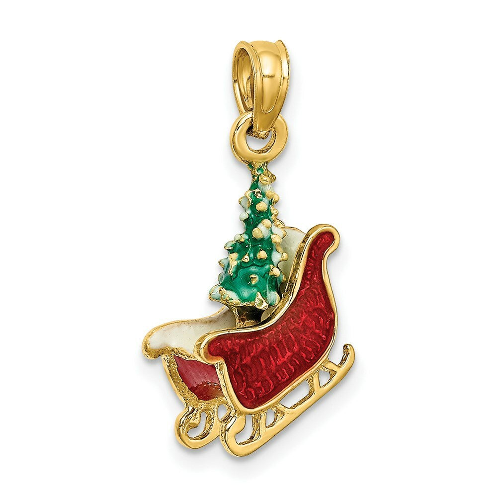 14K Yellow Gold 3-D Enamel SLEIGH With CHRISTMAS TREE INSIDE Charm Pendant