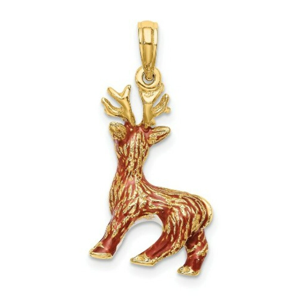 14K Yellow Gold 3-D Enamel RUDOLPH THE RED NOSE REINDEER Charm Pendant
