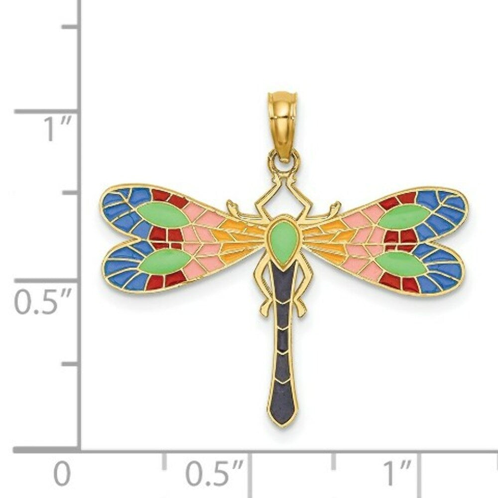14K Yellow Gold Multi Color Enamel Dragonfly Charm Pendant