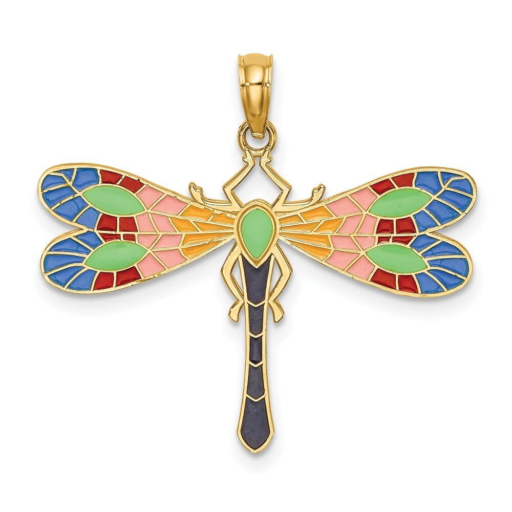 14K Yellow Gold Multi Color Enamel Dragonfly Charm Pendant