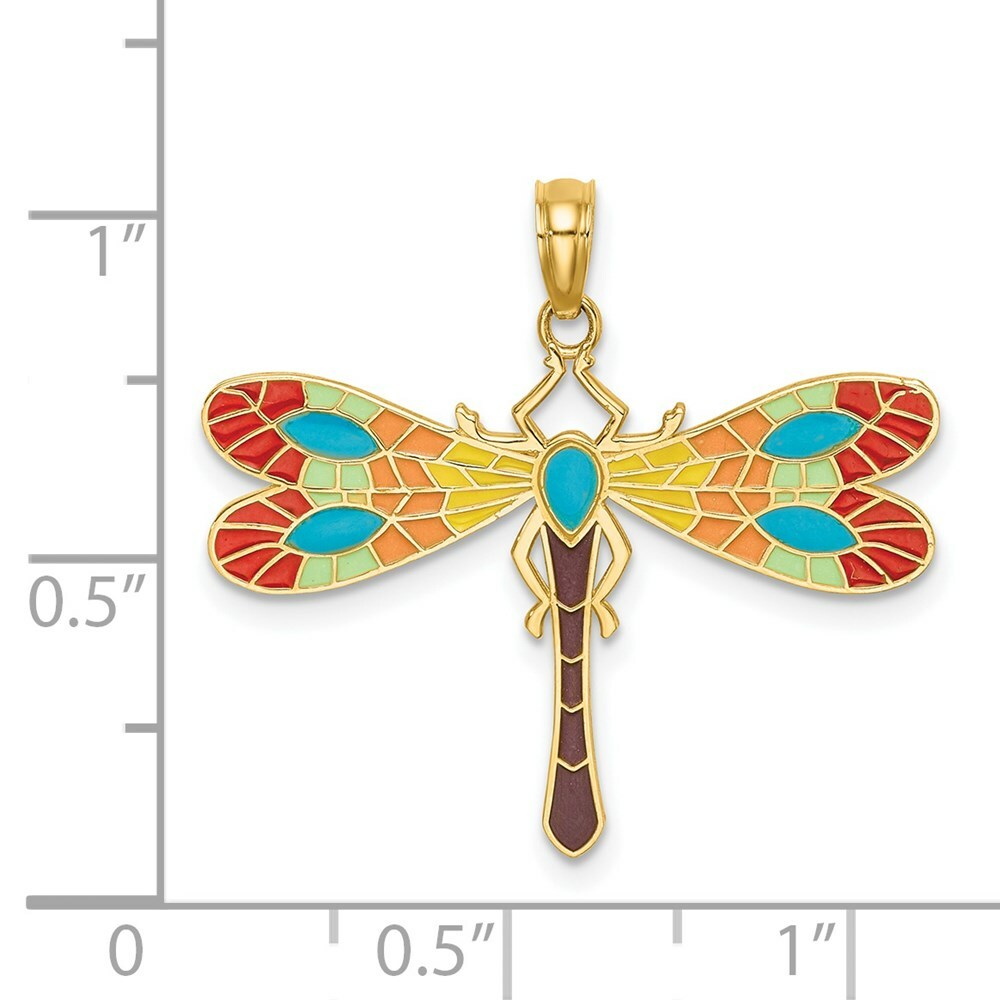 14K Yellow Gold Multi Color Enamel Dragonfly Charm Pendant