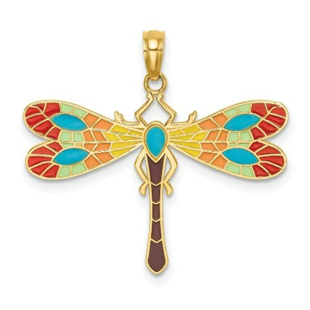 14K Yellow Gold Multi Color Enamel Dragonfly Charm Pendant