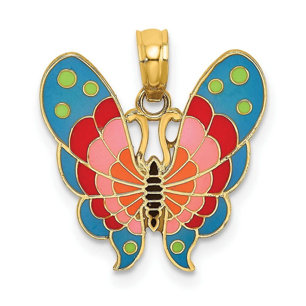 14K Yellow Gold With Multi-Color Enamel Butterfly Charm Pendant
