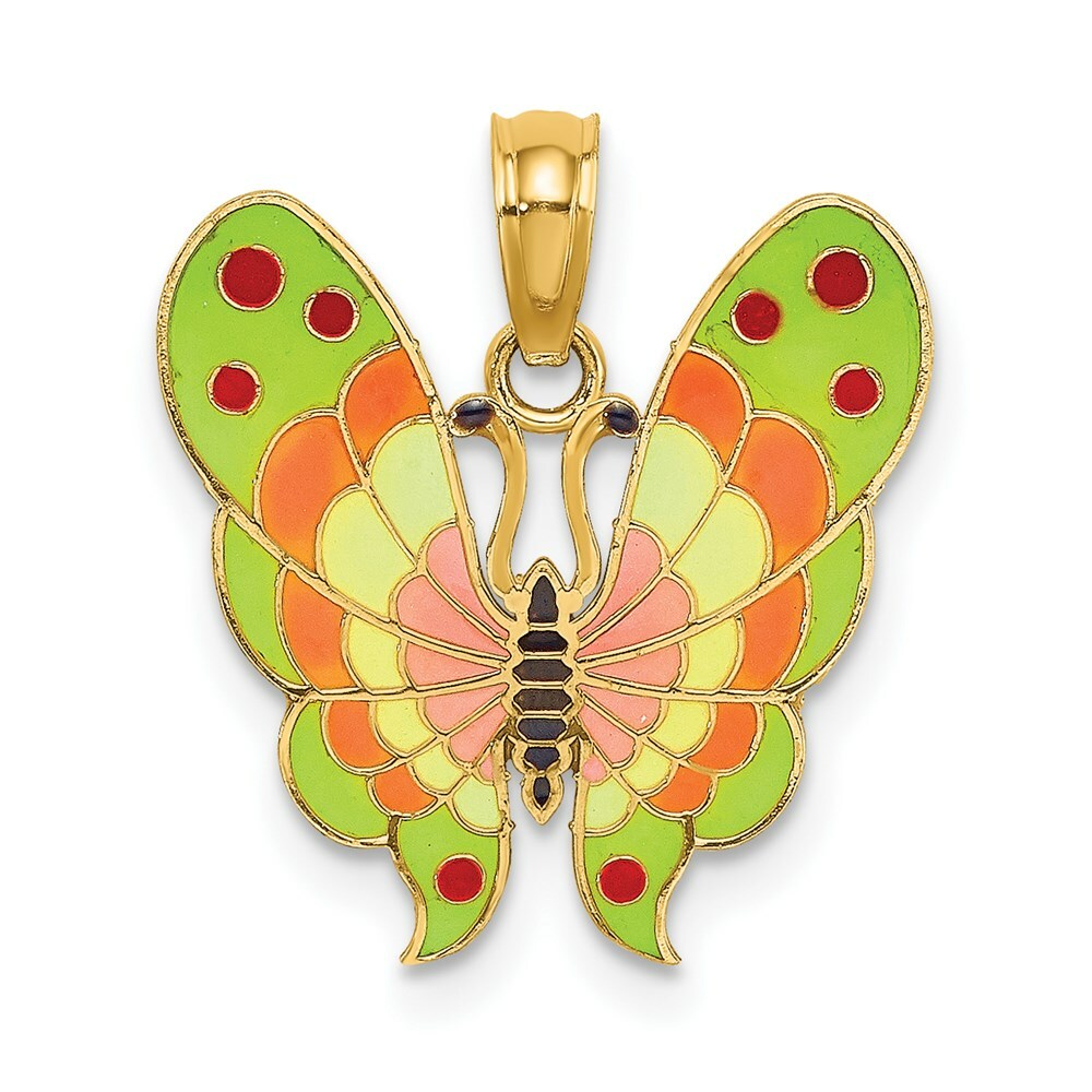 14K Yellow Gold With Multi-Color Enamel Butterfly Charm Pendant
