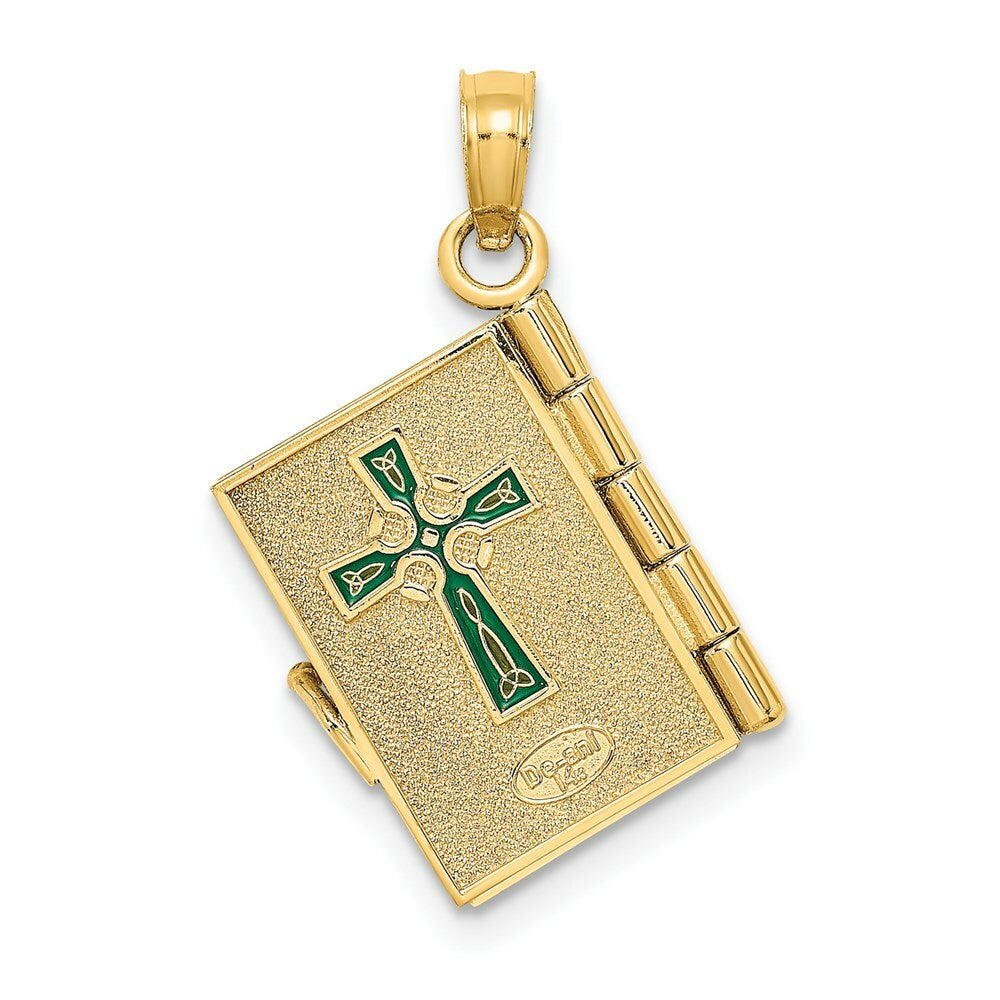 14K Yellow Gold 3-D Moveable Enameled An Irish Prayer Book With CLover Charm Pendant