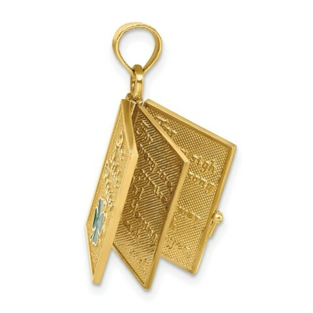 14K Yellow Gold 3-D Moveable Enameled An Irish Prayer Book With CLover Charm Pendant