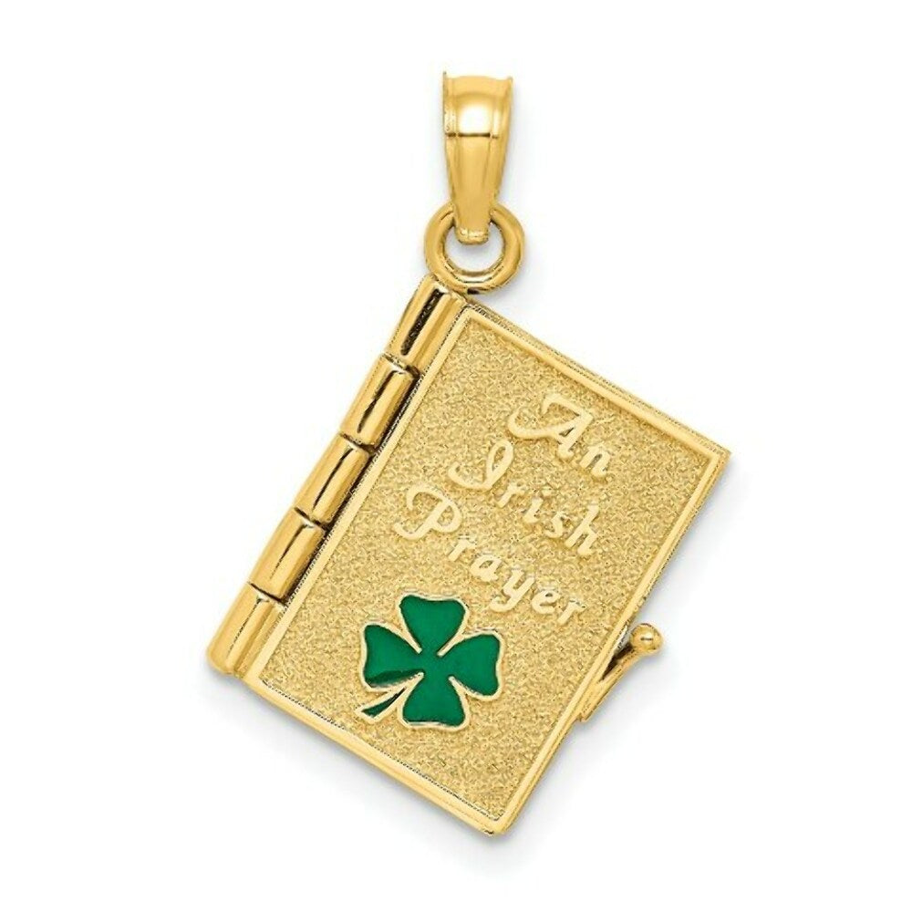 14K Yellow Gold 3-D Moveable Enameled An Irish Prayer Book With CLover Charm Pendant