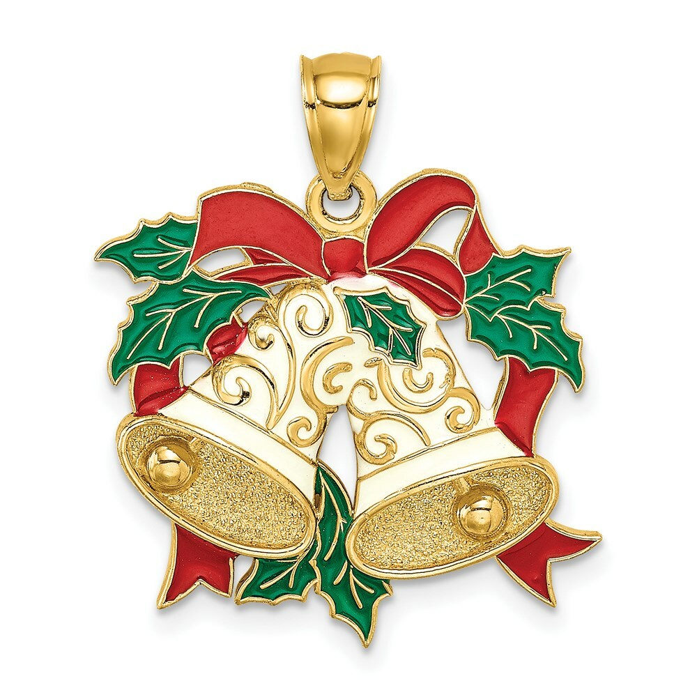 14K Yellow Gold Enamel HOLIDAY BELLS & HOLLY Charm Pendant