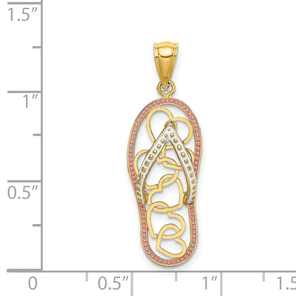 14K Yellow Gold Multi Heart Flip-Flop With Pink Enamel Charm Pendant