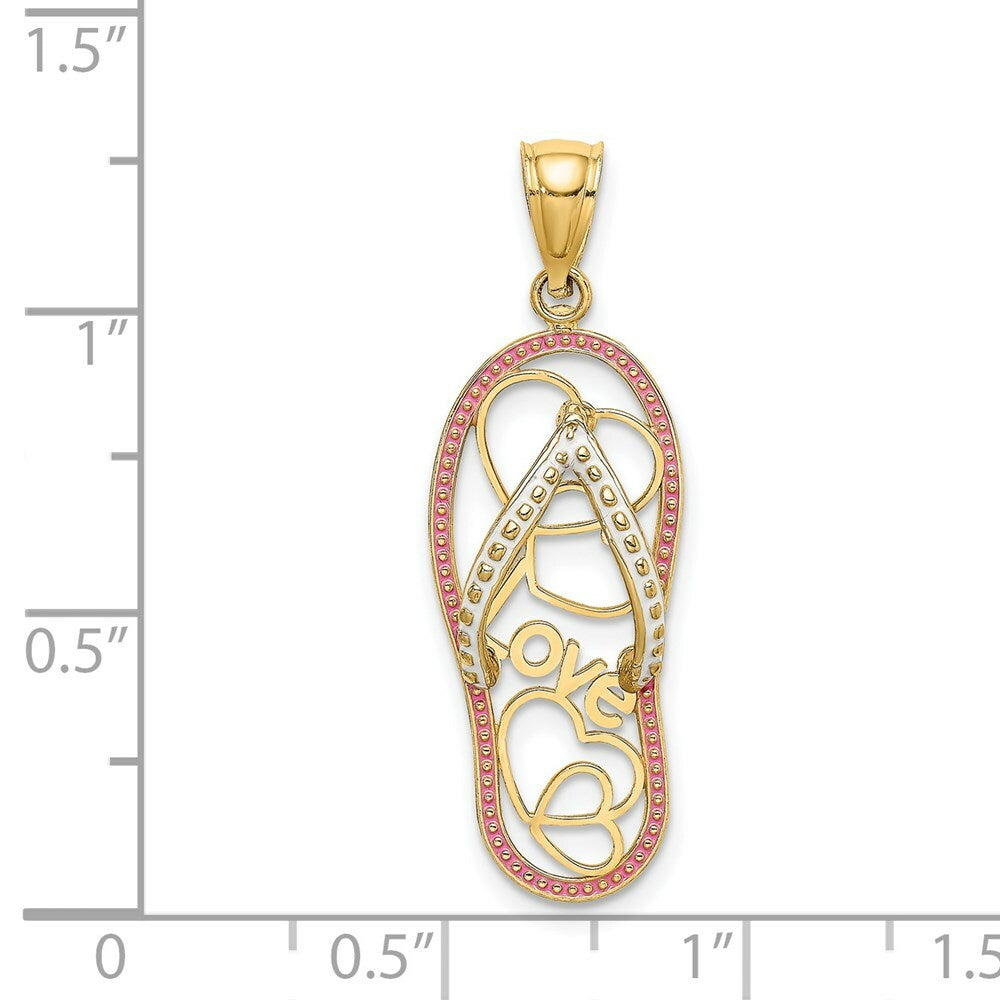 14K Yellow Gold Multi Heart Love Flip-Flop With Pink Enamel Charm Pendant