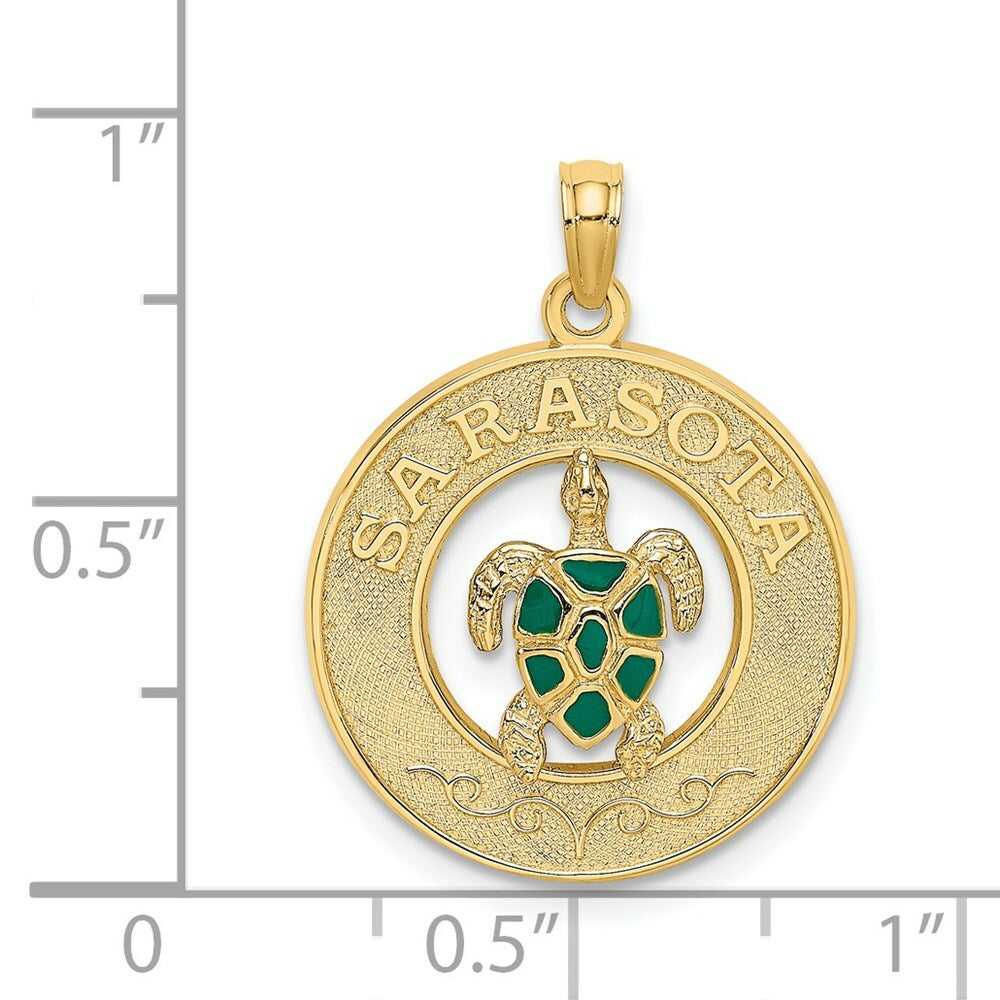 14K Yellow Gold SARASOTA ON ROUND FRAME With ENAMEL TURTLE Charm Pendant