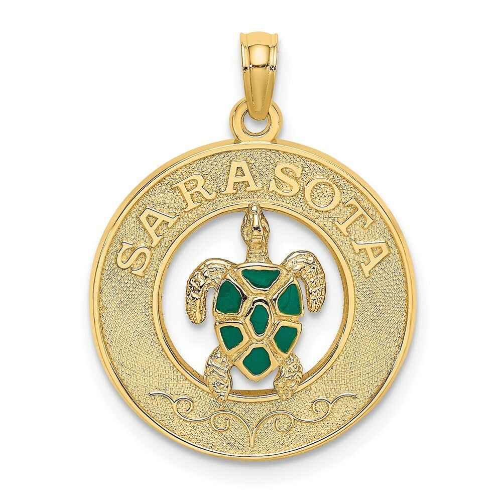 14K Yellow Gold SARASOTA ON ROUND FRAME With ENAMEL TURTLE Charm Pendant