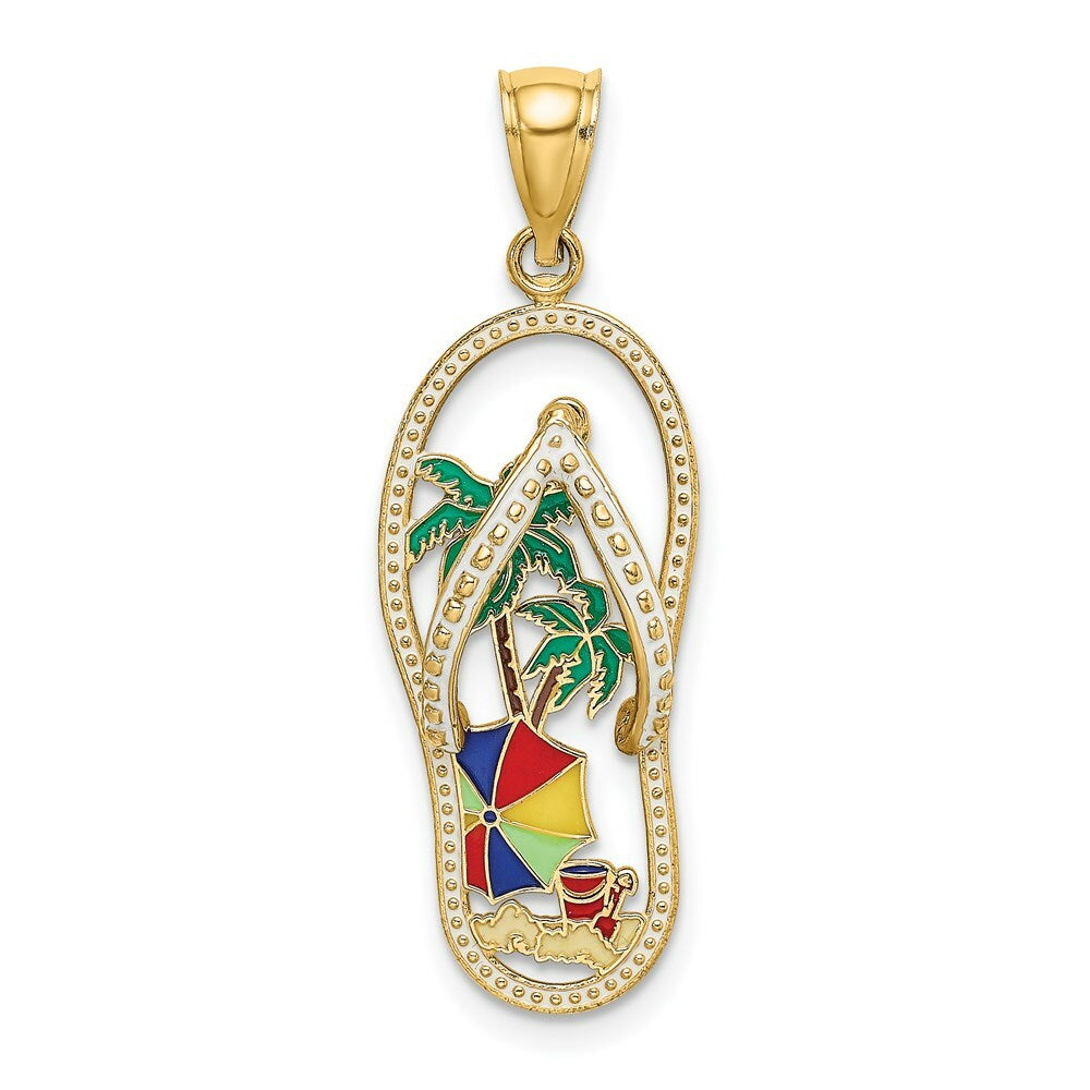 14K Yellow Gold Enamel Palm Tree Beach Scene Flip-Flop Charm Pendant