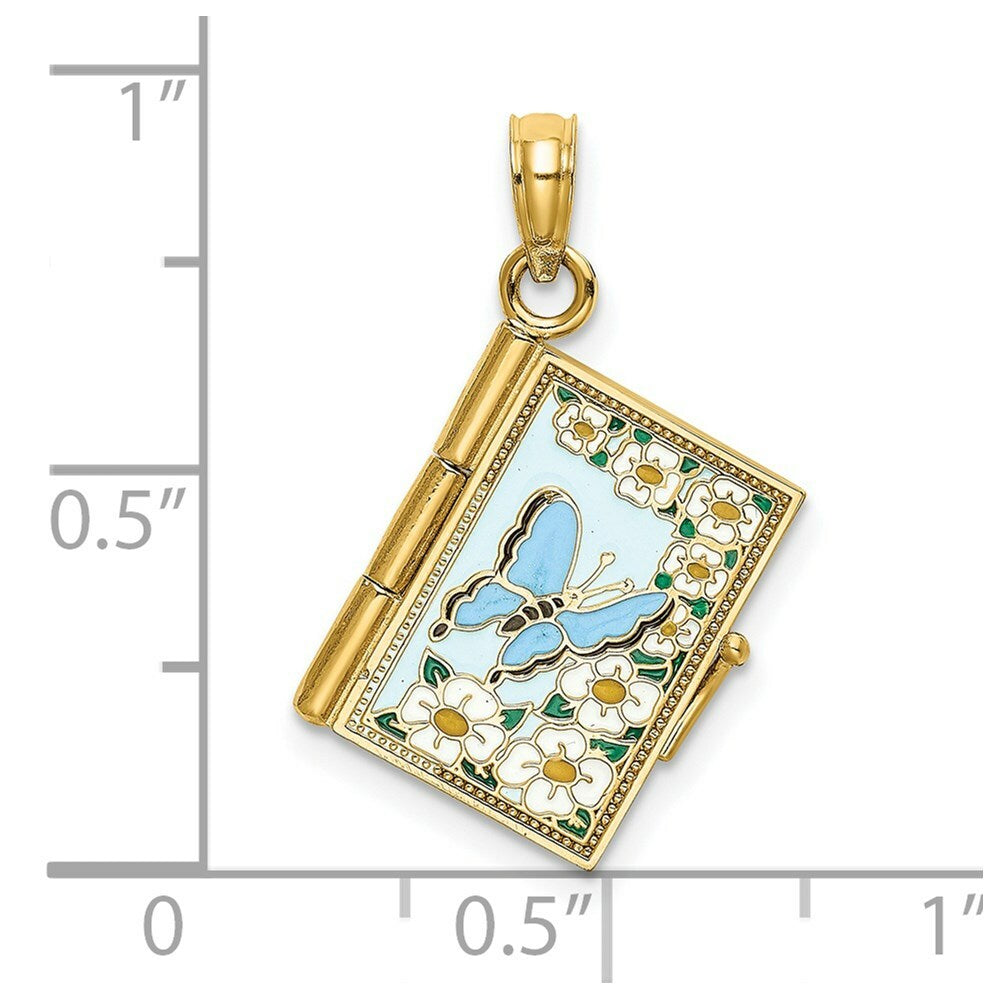 14K Yellow Gold 3-D With Enamel Ecclesiastes Book With Moveable Pages Charm Pendant