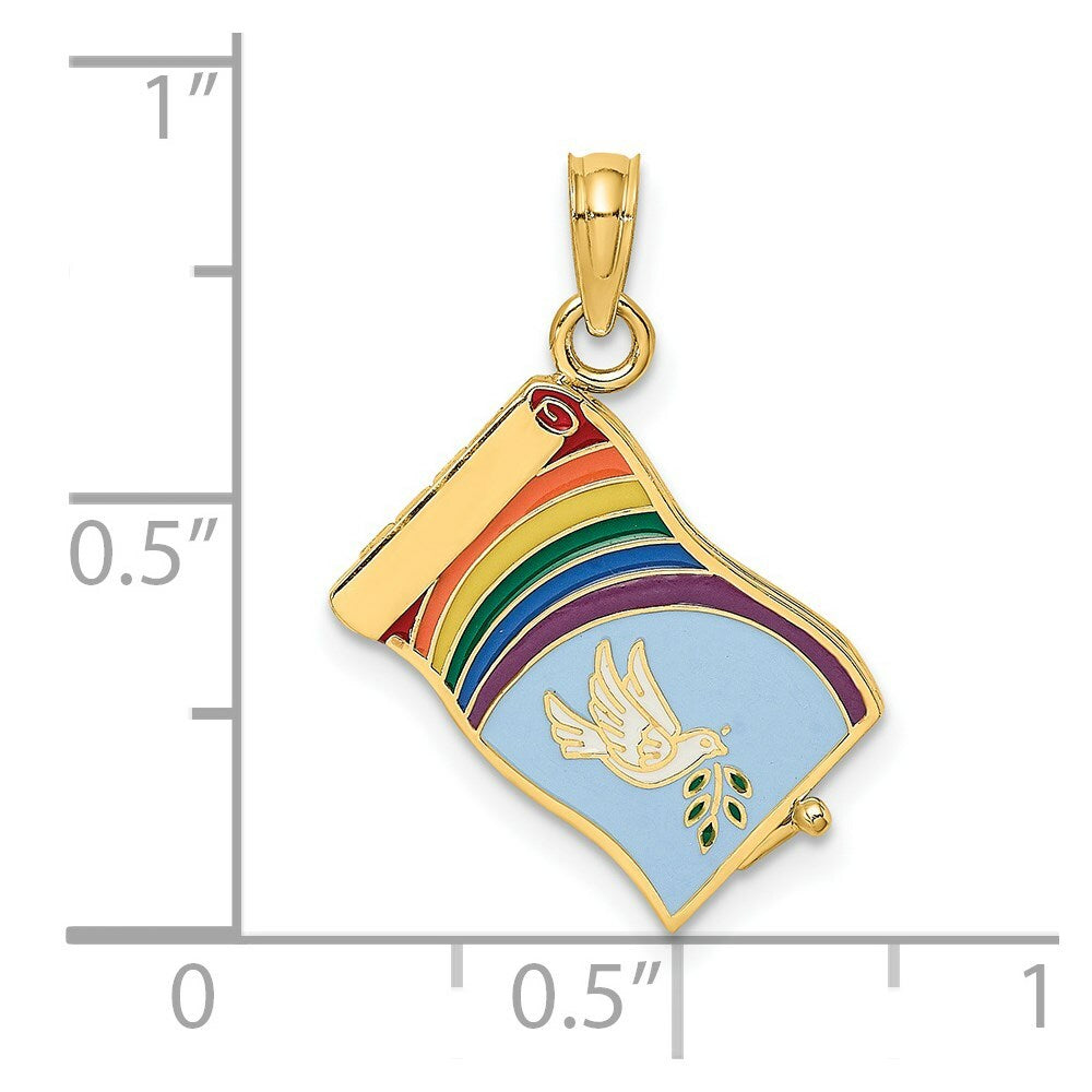14K Yellow Gold 3-D JOHN 3:16 BOOK With Moveable Pages & Rainbow Charm Pendant