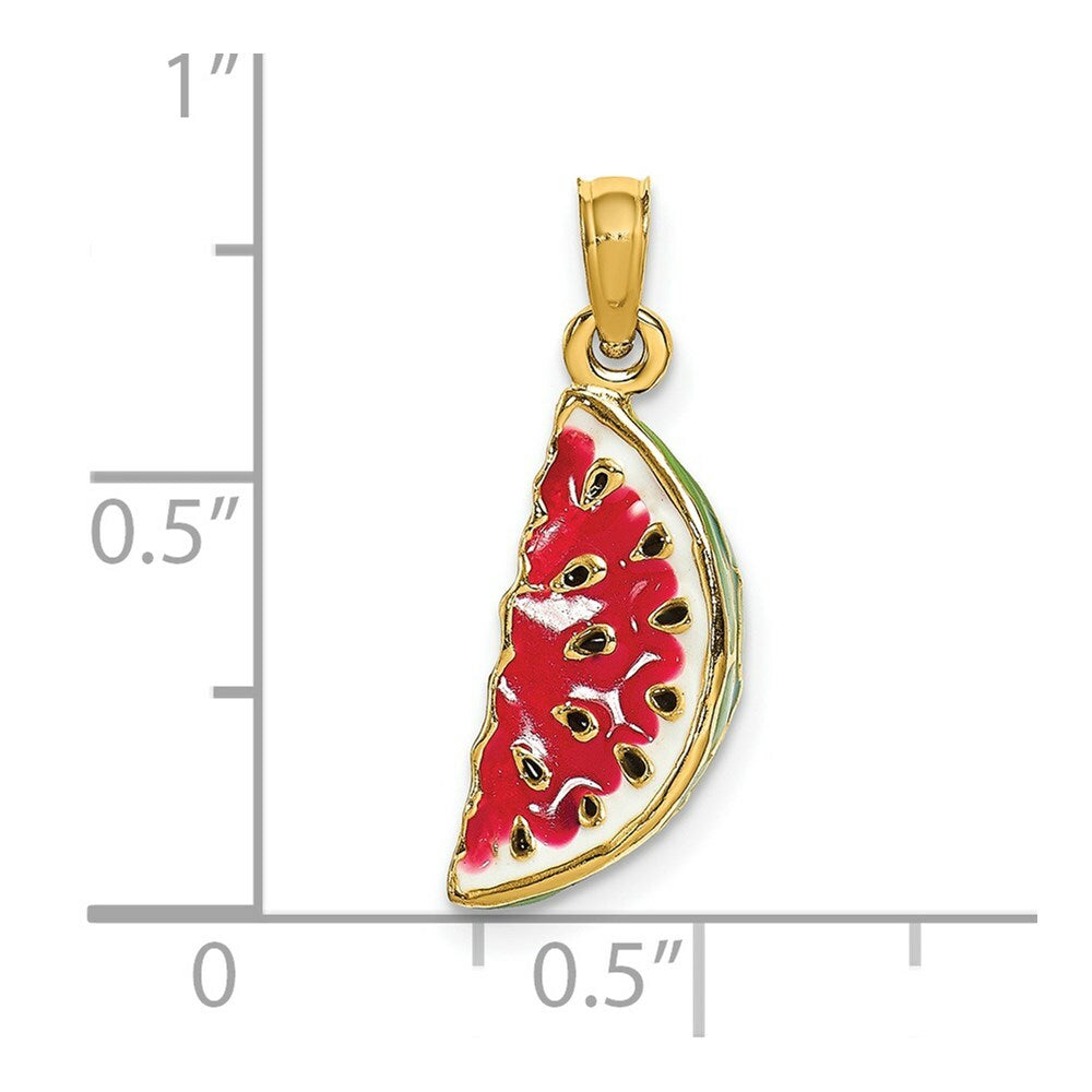 14K Yellow Gold With Enamel 3-D Watermellon Charm Pendant