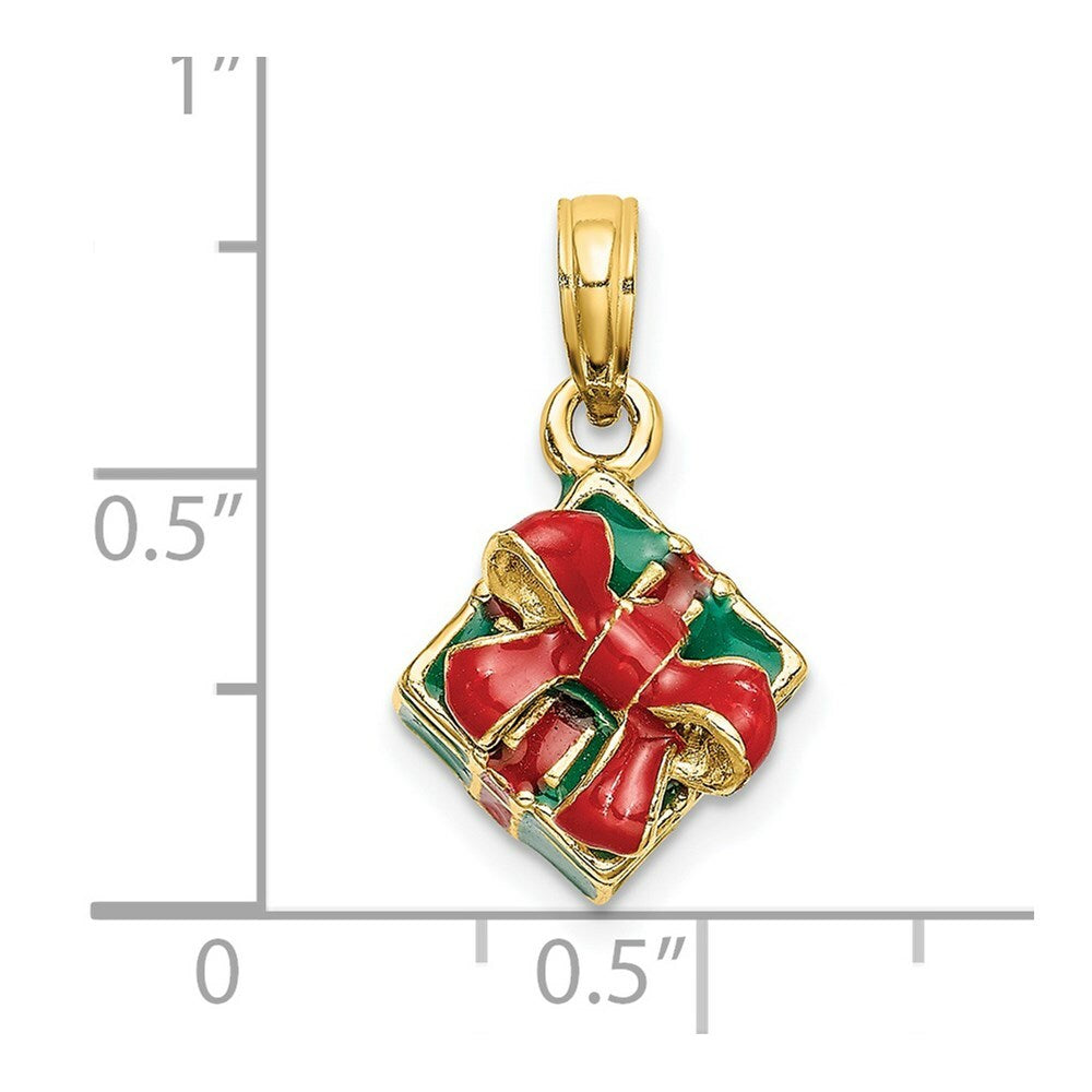 14K Yellow Gold 3-D With Enamel GREEN GIFT BOX With RED BOW Charm Pendant