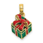 Load image into Gallery viewer, 14K Yellow Gold 3-D With Enamel GREEN GIFT BOX With RED BOW Charm Pendant
