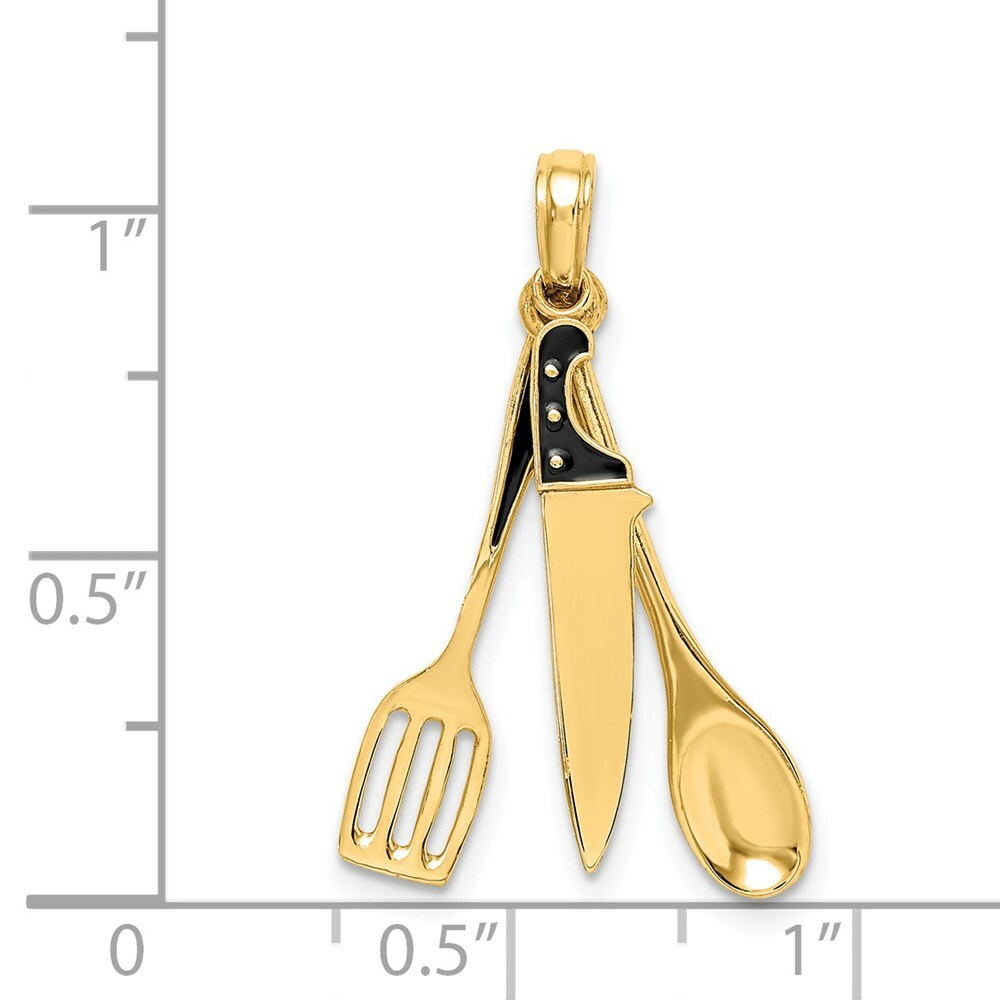 14K Yellow Gold 3-D Enamel Butcher Knife, Spoon & Spatula Moveable Charm Pendant