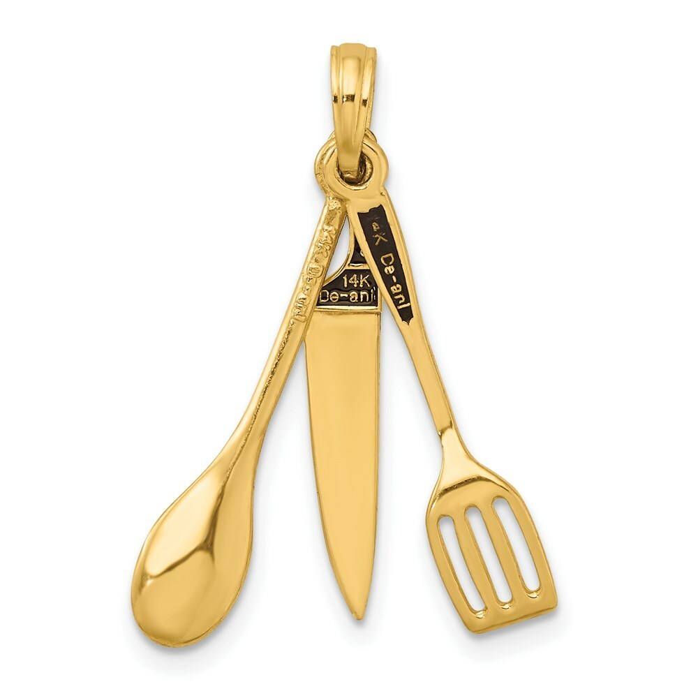 14K Yellow Gold 3-D Enamel Butcher Knife, Spoon & Spatula Moveable Charm Pendant