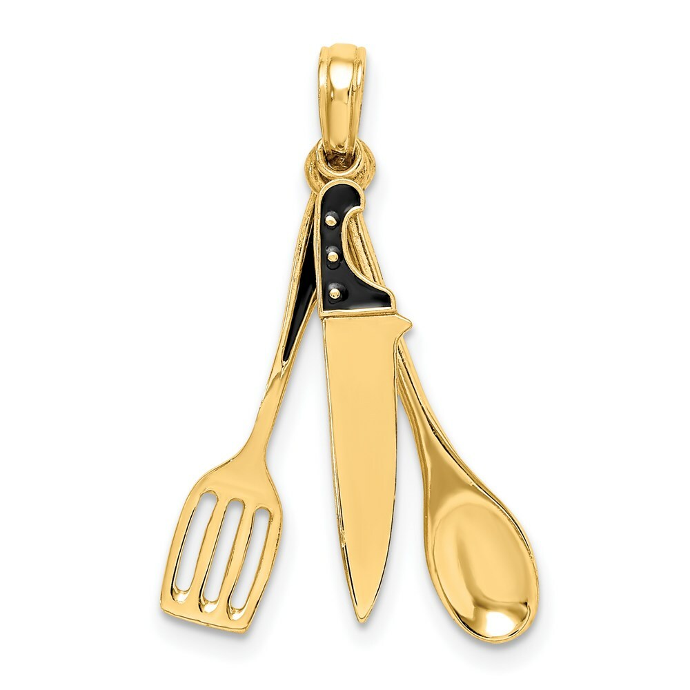 14K Yellow Gold 3-D Enamel Butcher Knife, Spoon & Spatula Moveable Charm Pendant