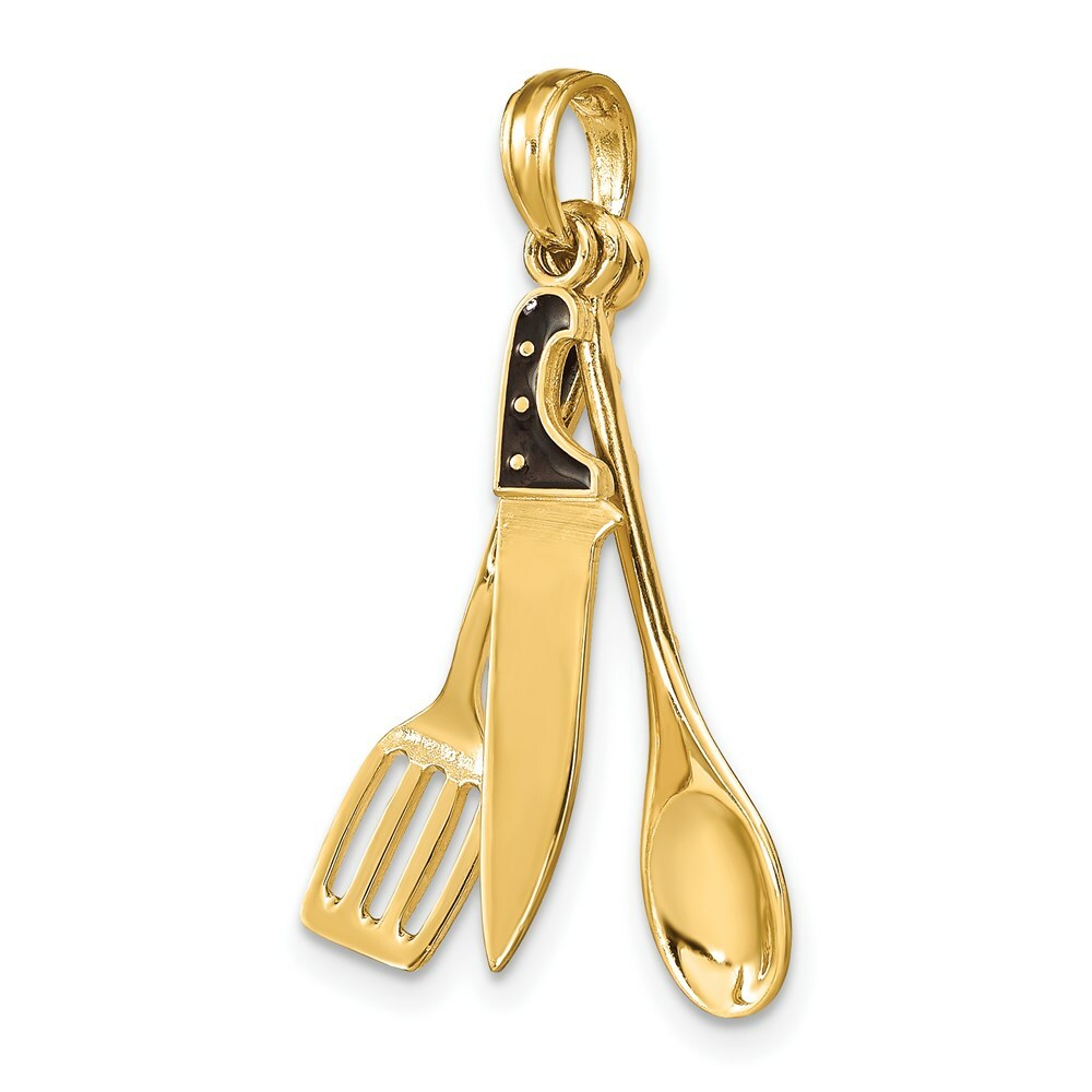 14K Yellow Gold 3-D Enamel Butcher Knife, Spoon & Spatula Moveable Charm Pendant