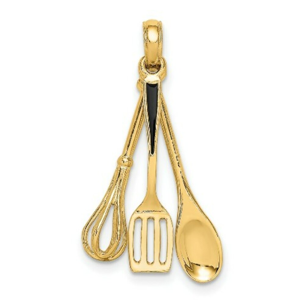 14K Yellow Gold 3-D Enamel Spatula, Wooden Spoon, Whisk Moveable Charm Pendant