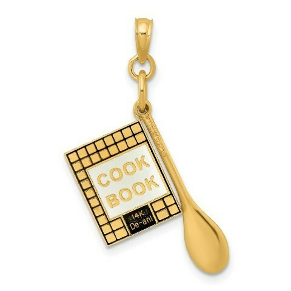 14K Yellow Gold 3-D Cook Book With Black Enamel & Wooden Spoon Charm Pendant