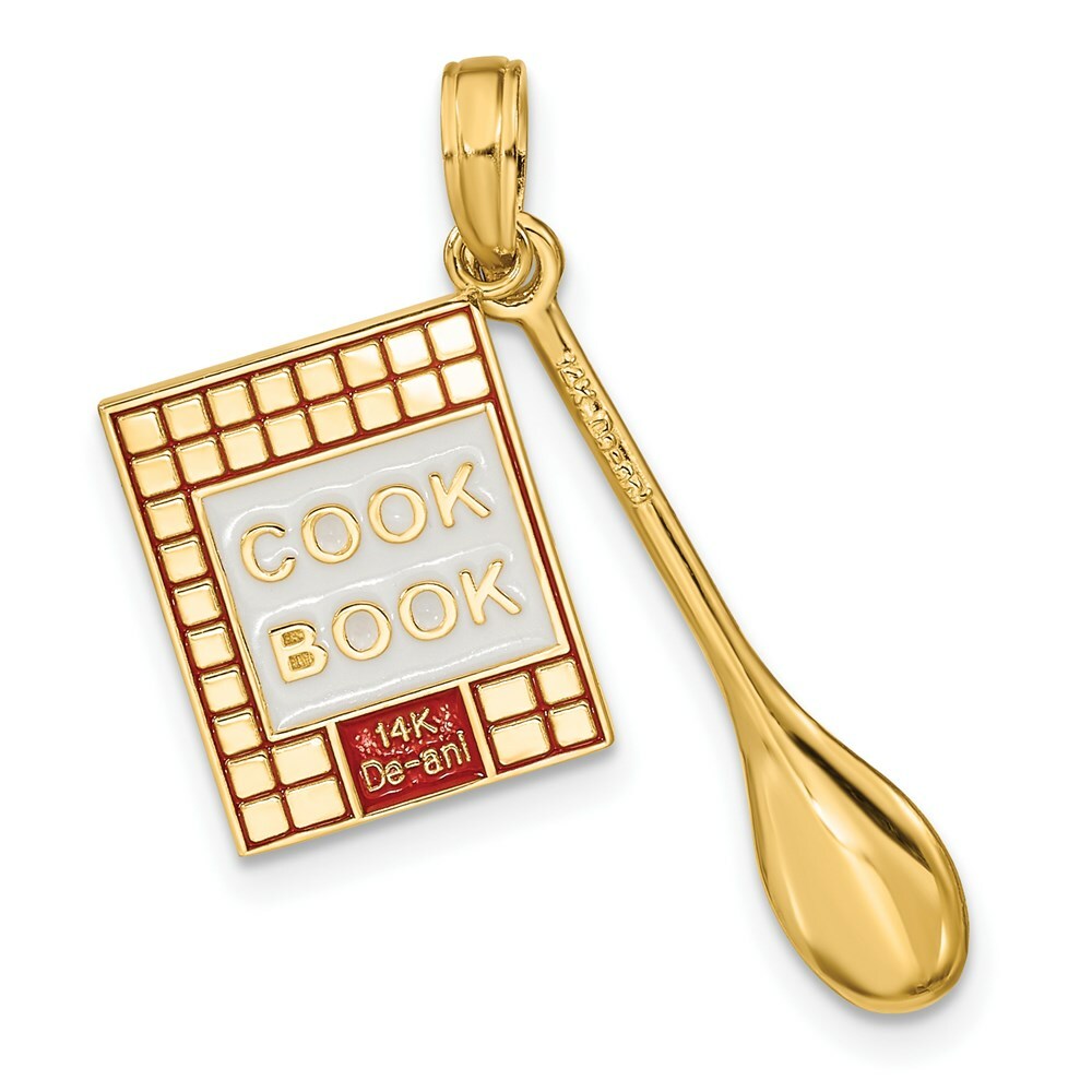14K Yellow Gold With Enamel 3-D Cook Book & Wood Spoon Charm Pendant