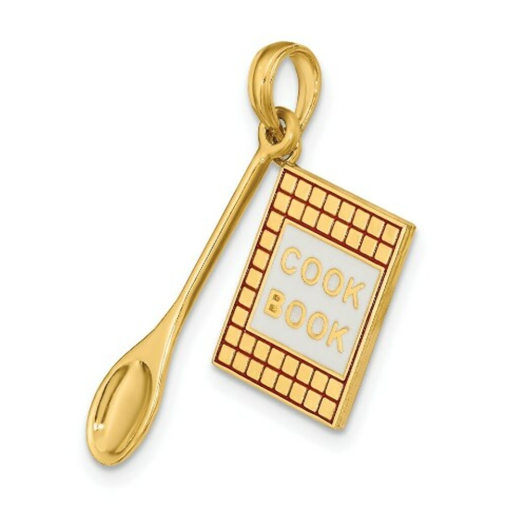 14K Yellow Gold With Enamel 3-D Cook Book & Wood Spoon Charm Pendant