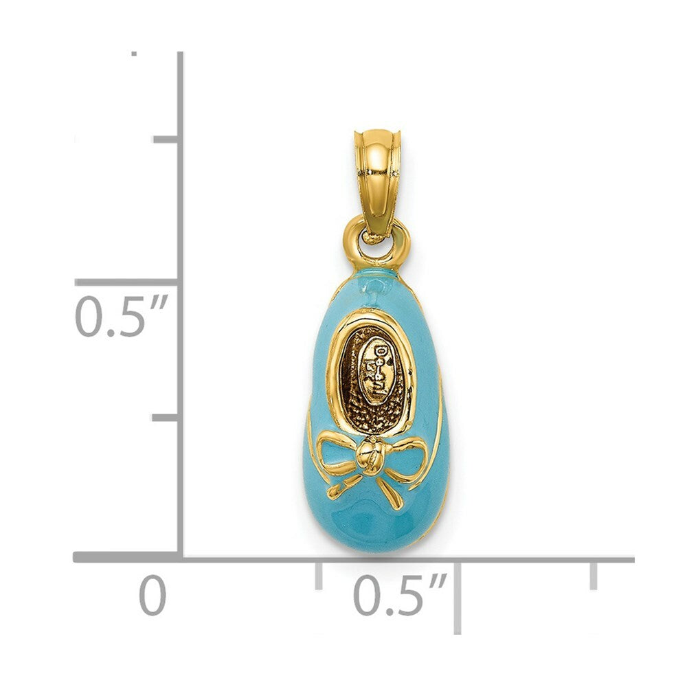 14K Yellow Gold 3-D With Enamel Baby Shoe With Bow Charm Pendant