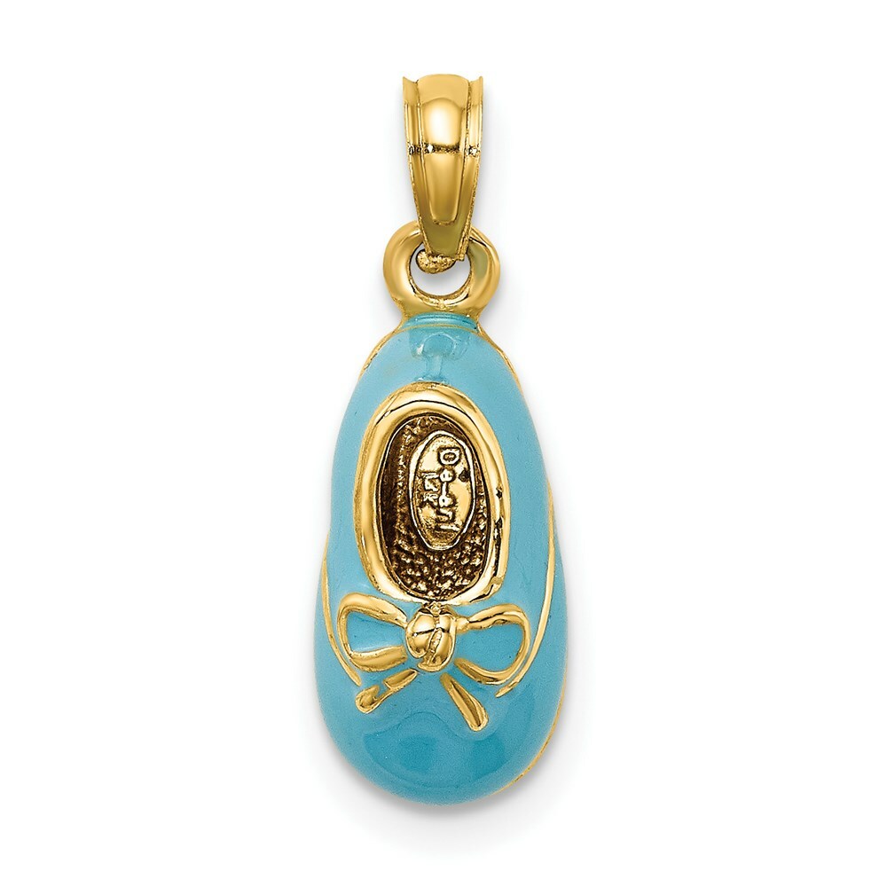 14K Yellow Gold 3-D With Enamel Baby Shoe With Bow Charm Pendant