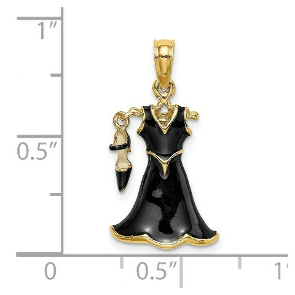 14K Yellow Gold 3-D Moveable Enamel Black Dress With Shoe Charm Pendant