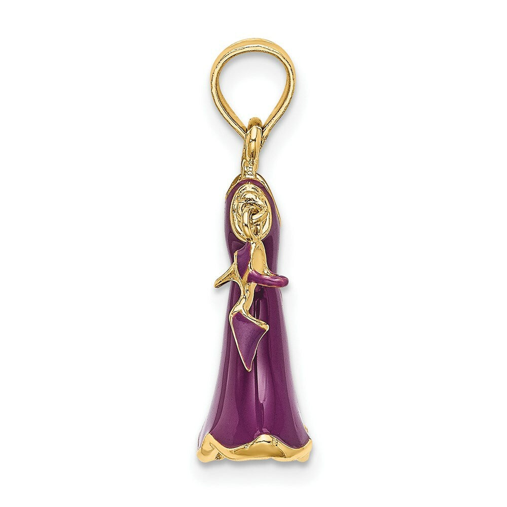 14K Yellow Gold 3-D Moveable Enamel Eggplant Dress With Shoe Charm Pendant