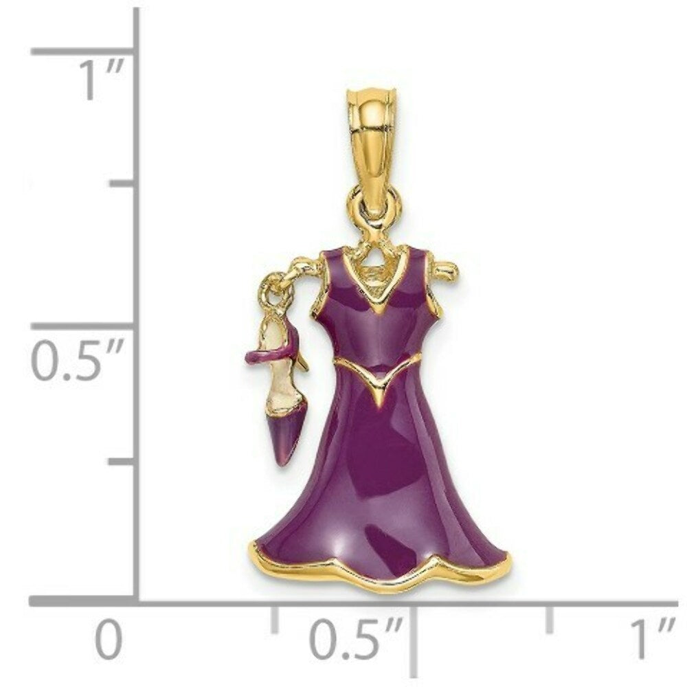 14K Yellow Gold 3-D Moveable Enamel Eggplant Dress With Shoe Charm Pendant