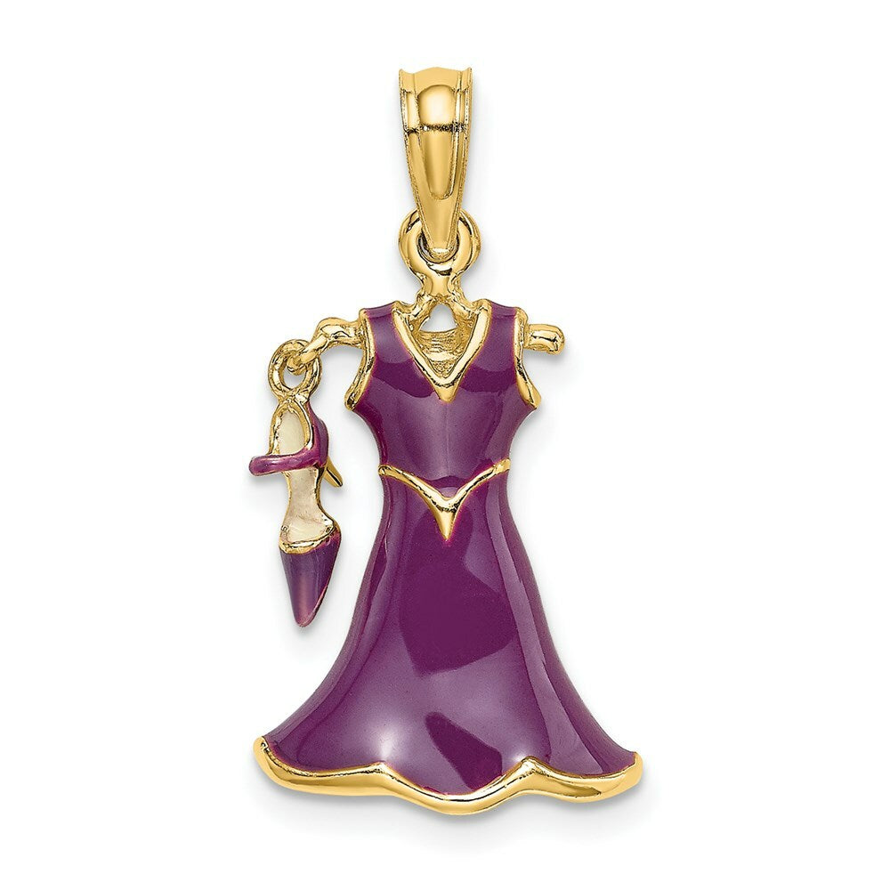 14K Yellow Gold 3-D Moveable Enamel Eggplant Dress With Shoe Charm Pendant
