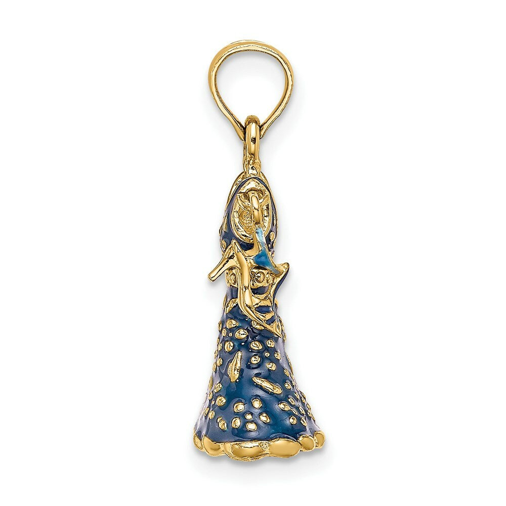 14K Yellow Gold 3-D Moveable Enamel Blue Floral Dress With Shoe Charm Pendant