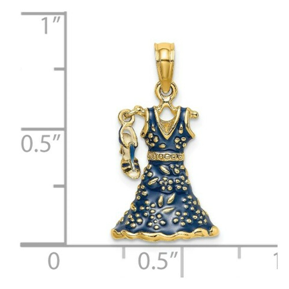 14K Yellow Gold 3-D Moveable Enamel Blue Floral Dress With Shoe Charm Pendant