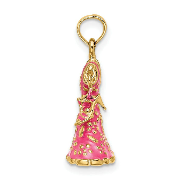 14K Yellow Gold 3-D Moveable Enamel Pink Floral Dress With Shoe Charm Pendant