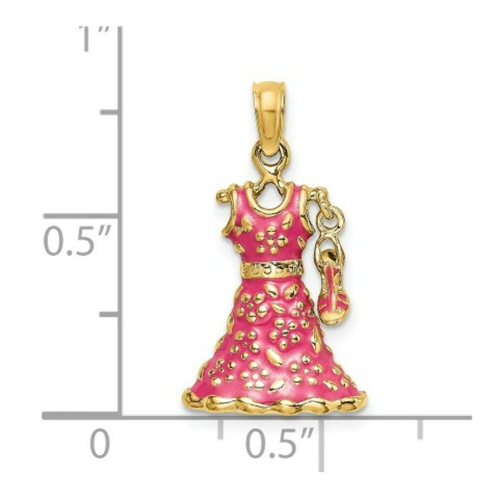 14K Yellow Gold 3-D Moveable Enamel Pink Floral Dress With Shoe Charm Pendant