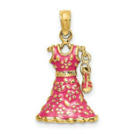 Load image into Gallery viewer, 14K Yellow Gold 3-D Moveable Enamel Pink Floral Dress With Shoe Charm Pendant
