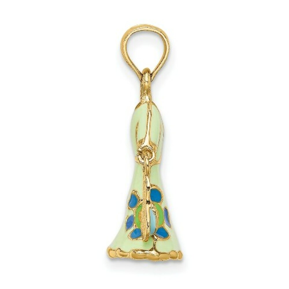 14K Yellow Gold 3-D Moveable Enamel Mint Floral Dress With Flip-Flop Charm Pendant