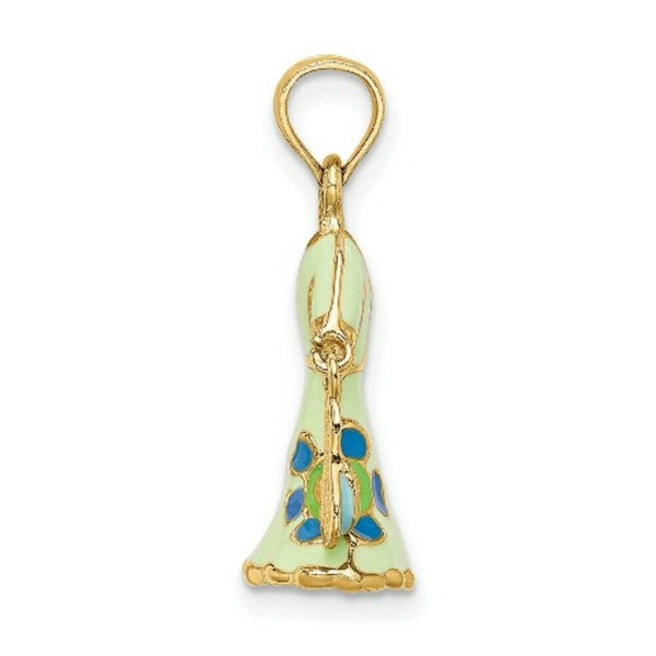 14K Yellow Gold 3-D Moveable Enamel Mint Floral Dress With Flip-Flop Charm Pendant